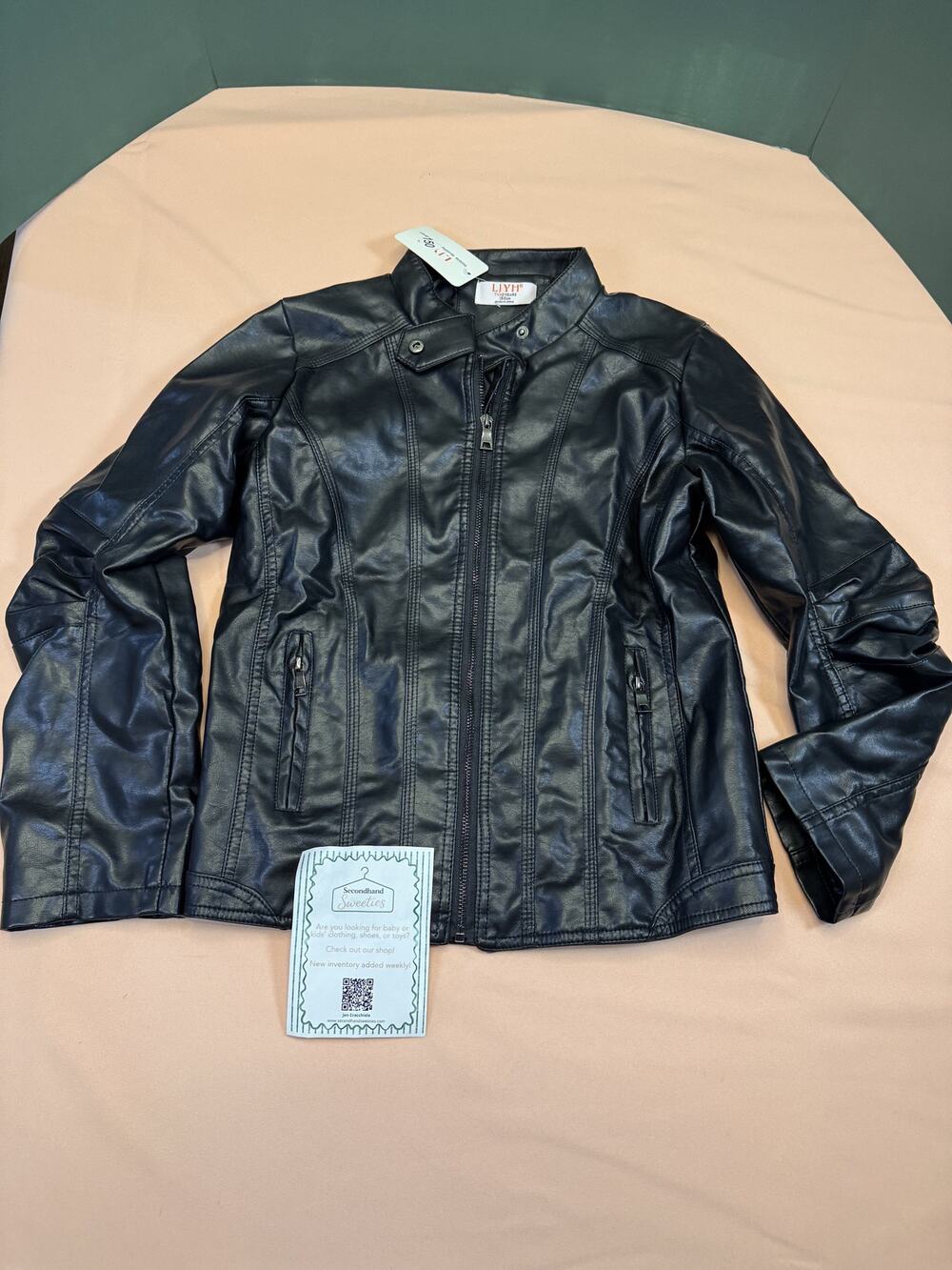 Girls Black Faux Leather Moto Jacket Size 150cm #727